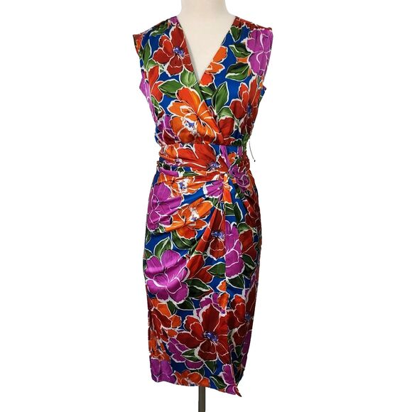 Maggy London Dress Sheath Size 6 Floral Sleeveless Blue Chilli V Neck Party NWT - Picture 1 of 16